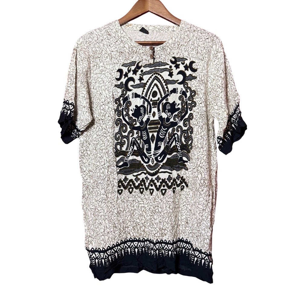 Hardiyanto Collection Indonesia Batik Tribal Graphic Henley Shirt‎ White Black